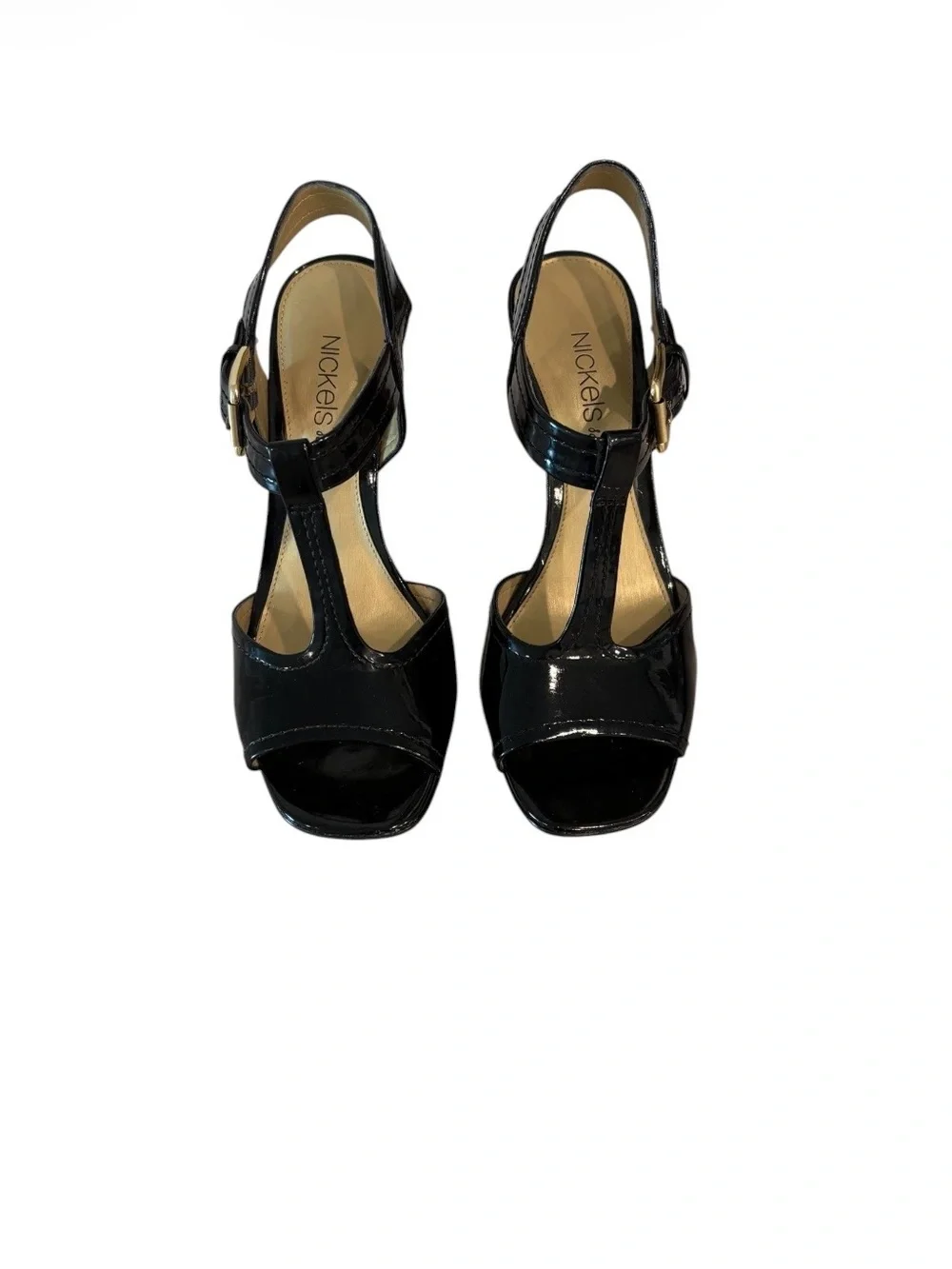 Nickels Black Patent T-Strap Woven Wedge Sandals Sz 6